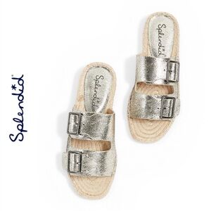 SPLENDID BLAKE METALLIC NICKLE LEATHER ESPADRILLE SLIDES DOUBLE BUCKLE SANDALS